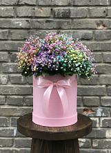 Цветочная композиция из Гипсофила и Розы в шляпной коробке в Свободный
