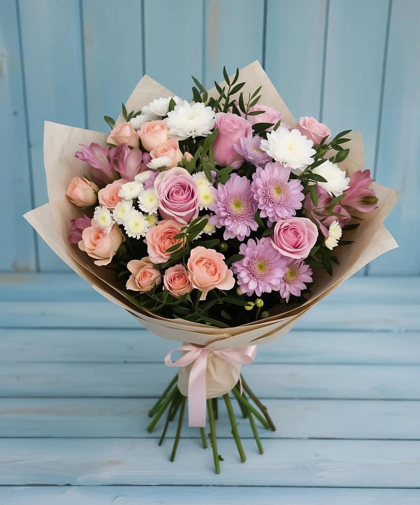 Букет цветов из: Хризантемы, Розы и Альстромерии в Свободный