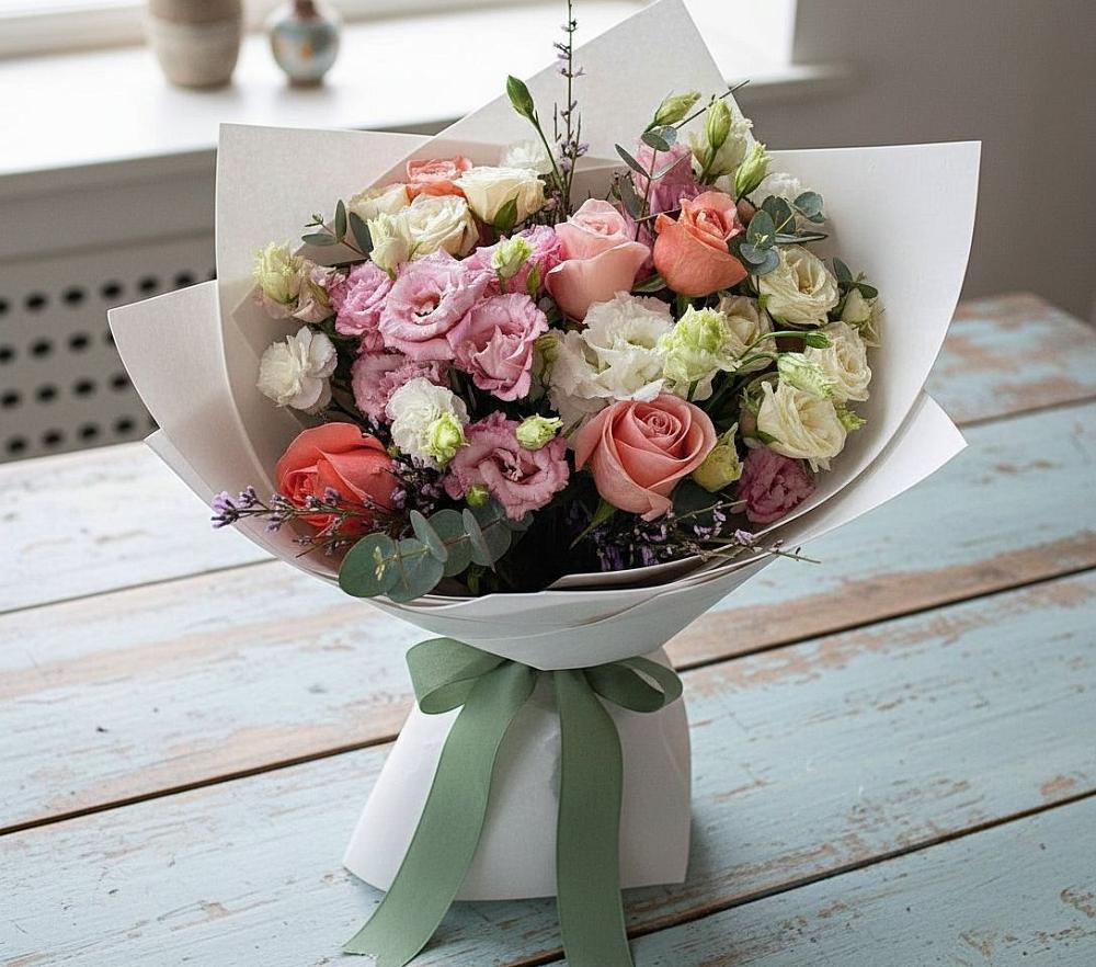 Букет цветов из: Розы, Лизиантусы и Гвоздики в Свободный